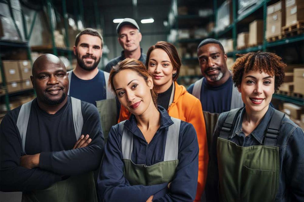 A group of workers in a warehouse